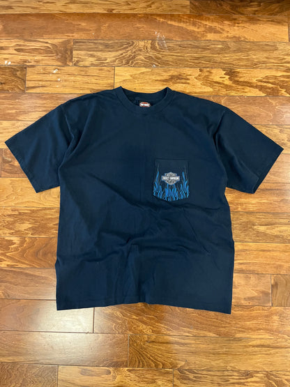 2003 Harley Davidson Blue Flames Atlanta Pocket Tee (XL)