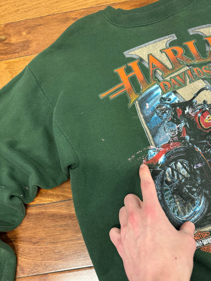 90s Harley Davidson Twin Faded Green Paint Splatter Crewneck (L)