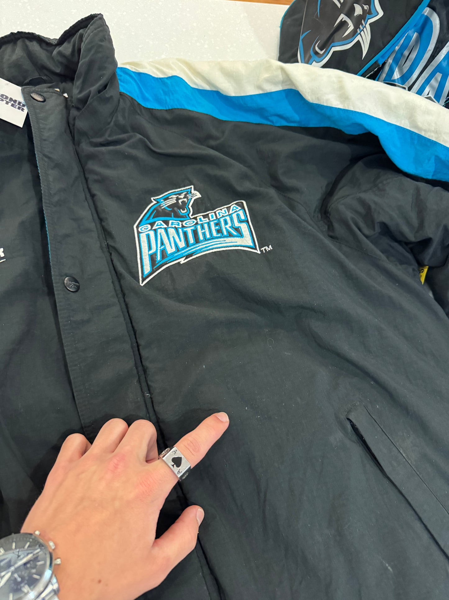 90s Carolina Panthers Reebok Striped Puffer Jacket (L)