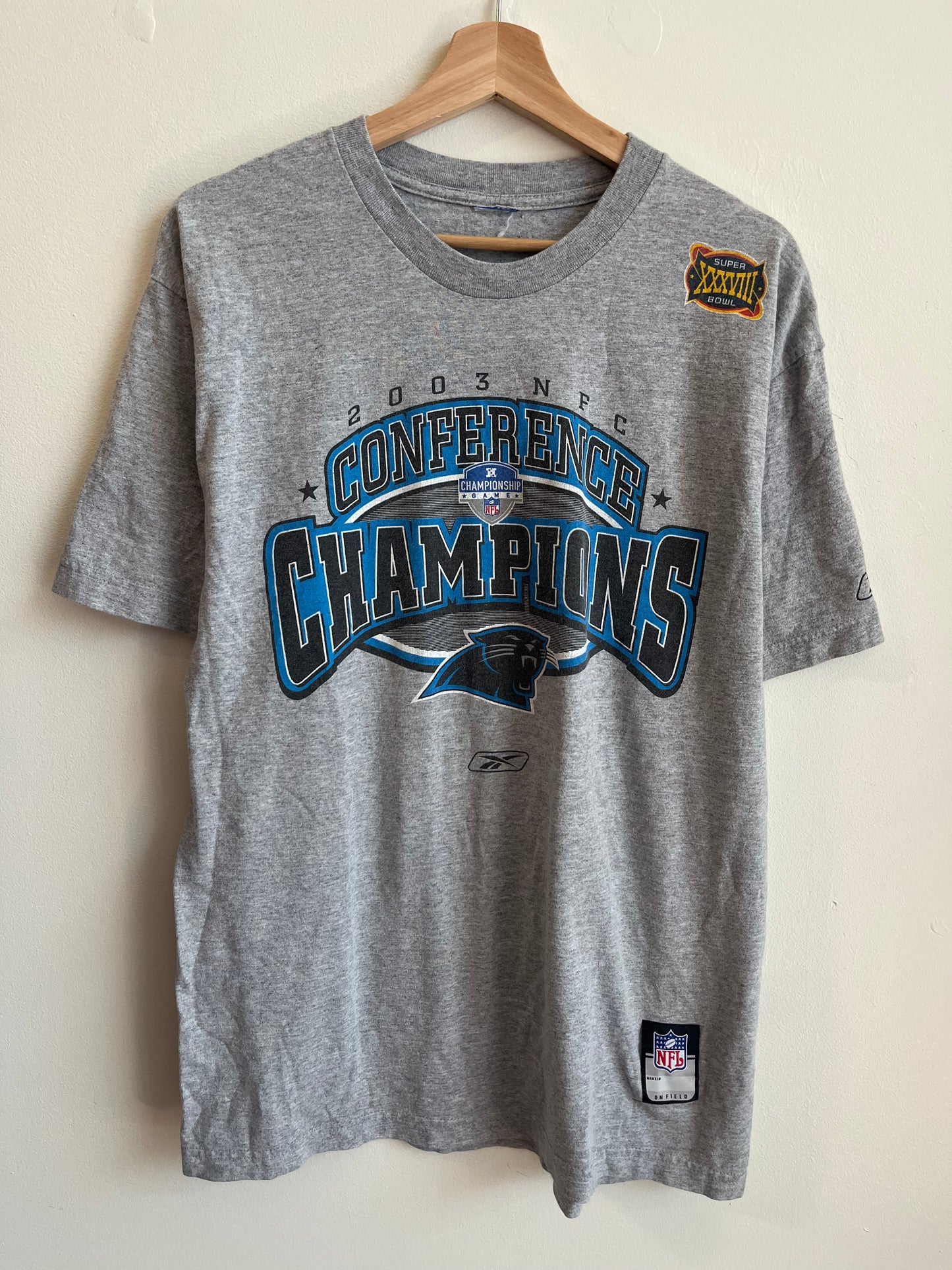2003 Carolina Panthers Reebok Super Bowl NFL NFC Conference Champions Grey Tee (M)