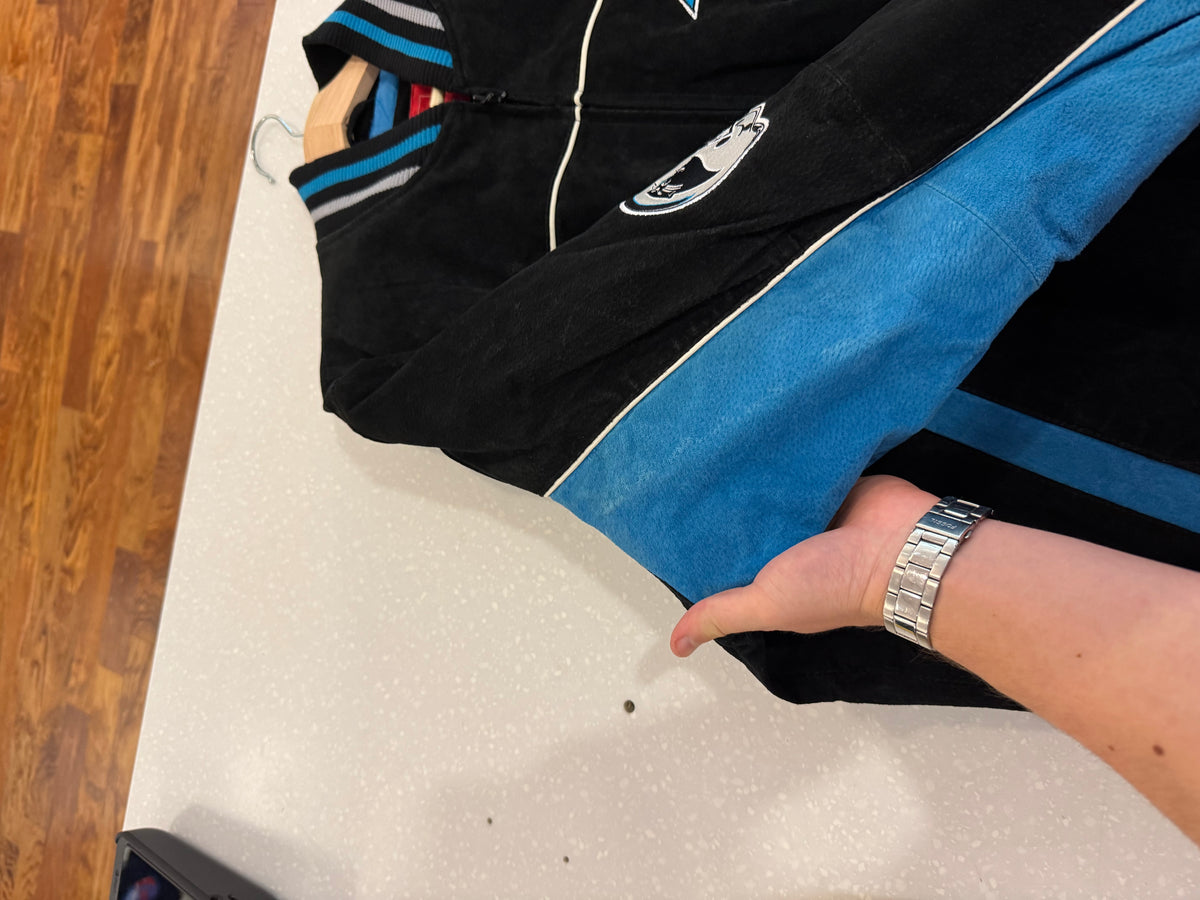 00s Carolina Panthers Cat Scratch Spell Out Seude Full Zip Jacket (L)