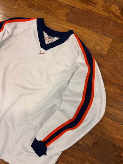90s Nike Vintage Center Swoosh White Striped Long Sleeve Pullover Jersey (XXL)