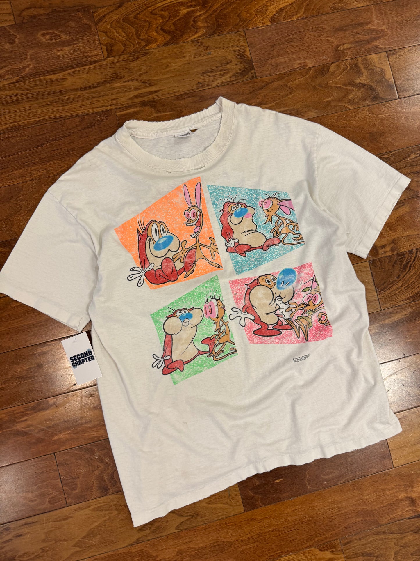 1991 Ren + Stempy Show Nicktoons Thrashed Vintage Cartoon Tee (XL)