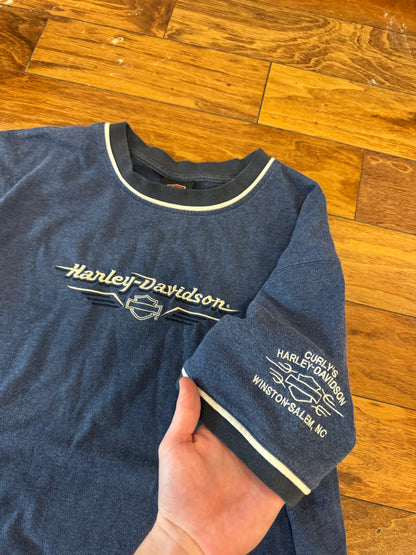 00s Harley Blue Embroidered Ringer Tee (XXL)