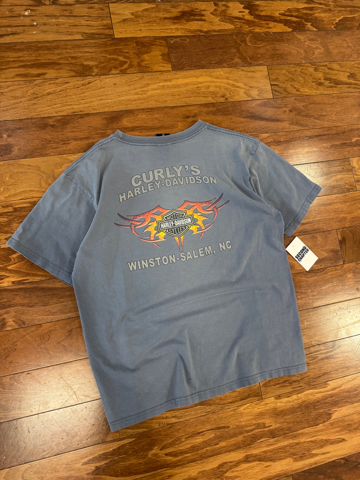 00s Harley Davidson Metal Emblem Curly's Tee (XL)