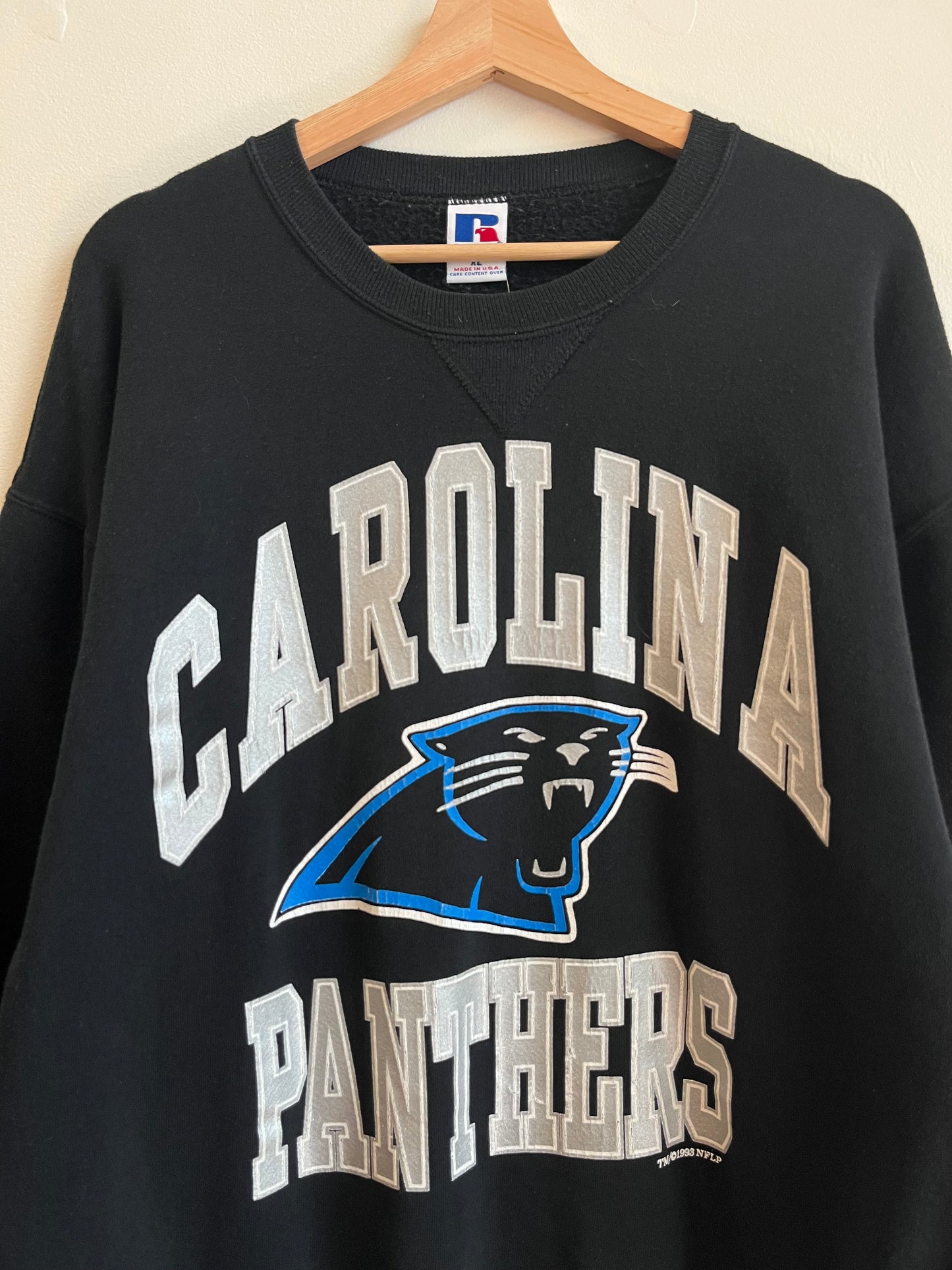 1993 Carolina Panthers Russell Big Spell Out Black Crewneck (XL)