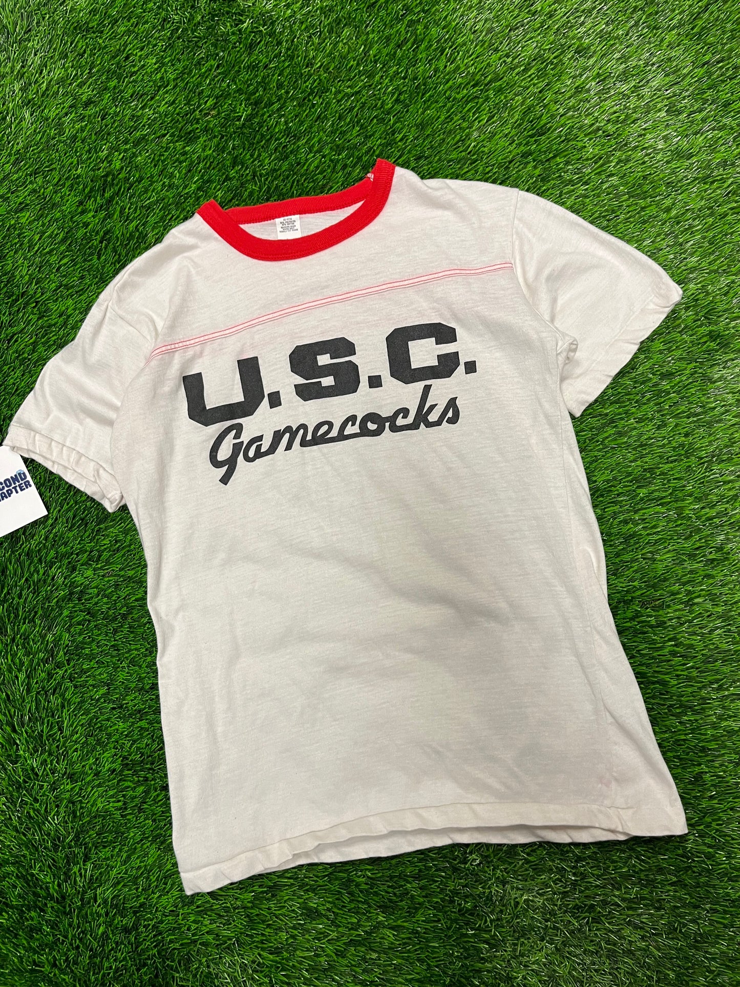 80s University Of South Carolina (USC) Gamecocks Spell Out Ringer Tee (L)