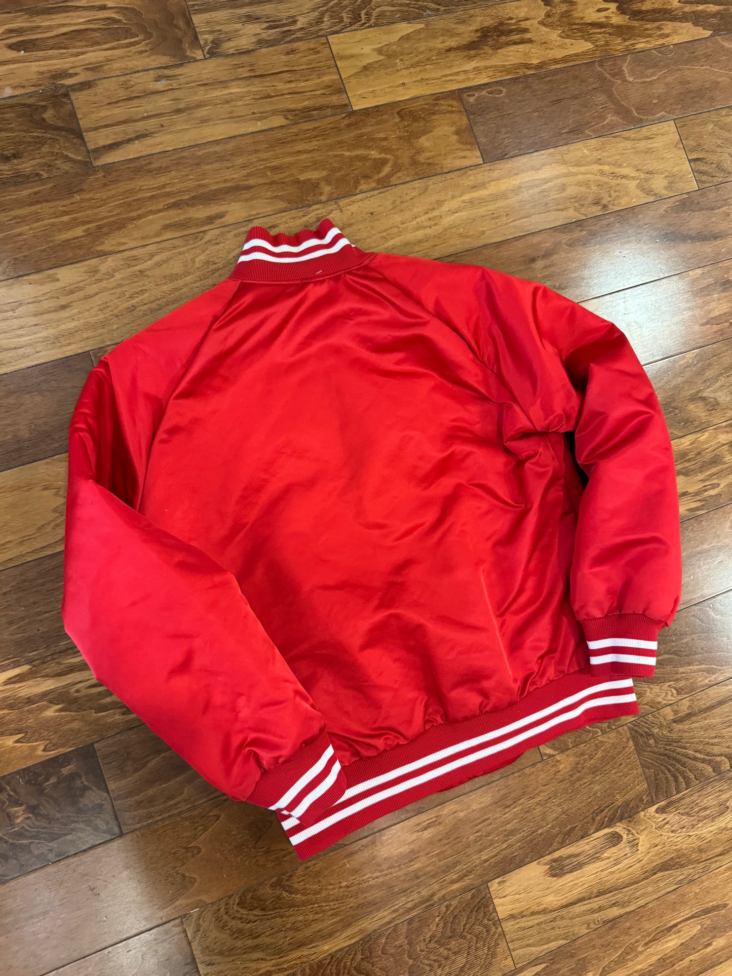 90s Brooklyn Script Red Vintage Satin Jacket (S)