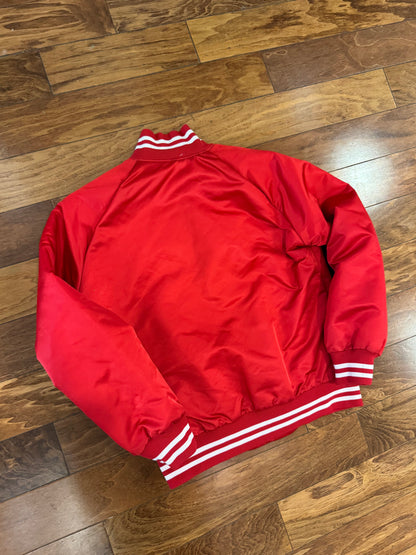 90s Brooklyn Script Red Vintage Satin Jacket (S)