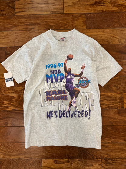 1997 Utah Jazz Karl Malone NBA MVP "He's Delivered" Vintage Tee (L)