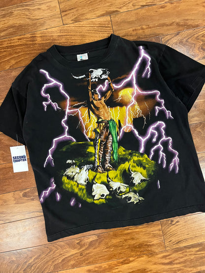 90s American Thunder Purple Lightning AOP Native Chief Forever Free Tee (L)