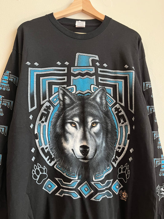 00s Johnny's Nature Wolf Graphic  Long-Sleeve Shirt (L)