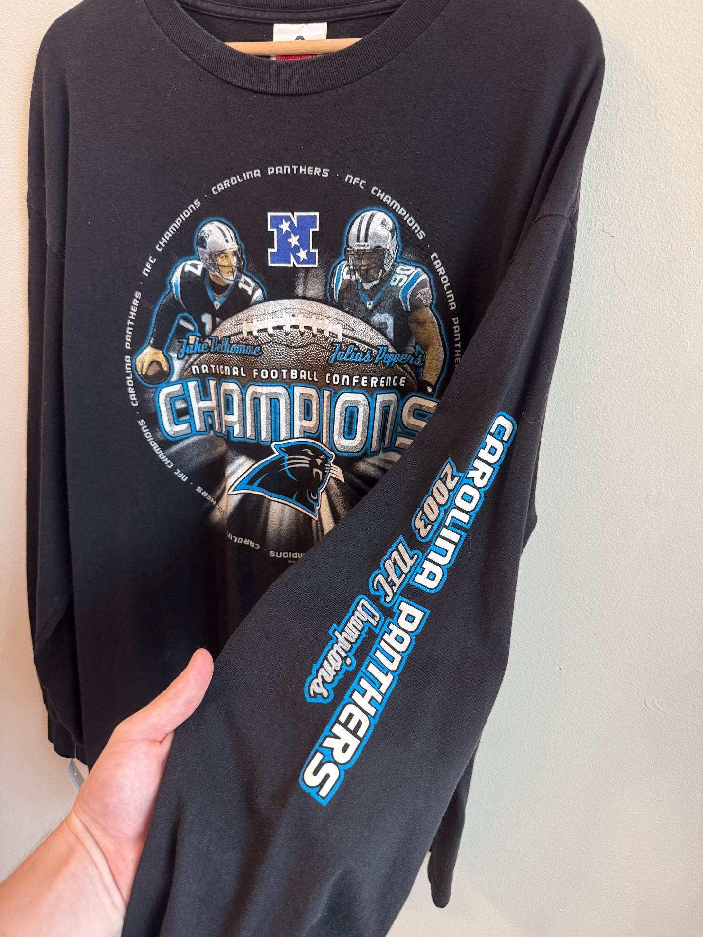 00s Carolina Panthers Jake Delhomme + Julius Peppers Long-Sleeve Shirt (XL)