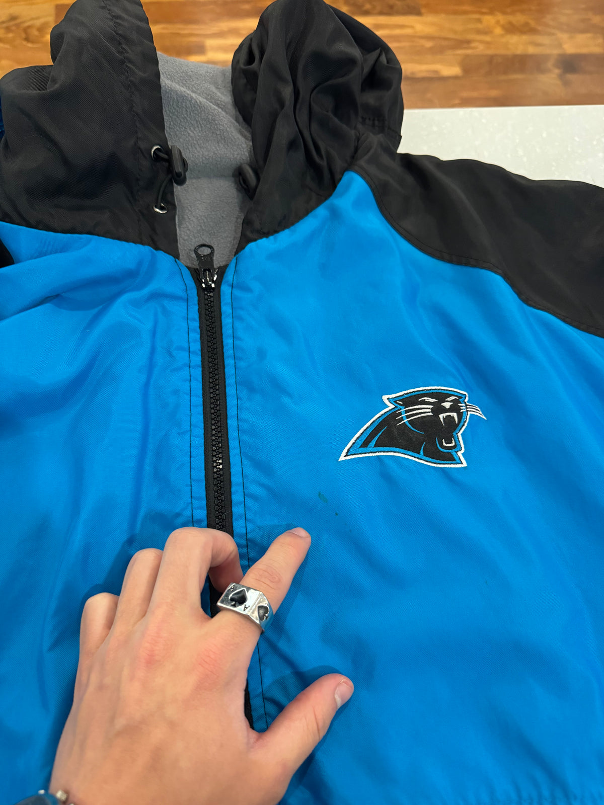 00s Carolina Panthers G-III Two Toned Cat Scratch Spell Out Reversible Jacket (XL)