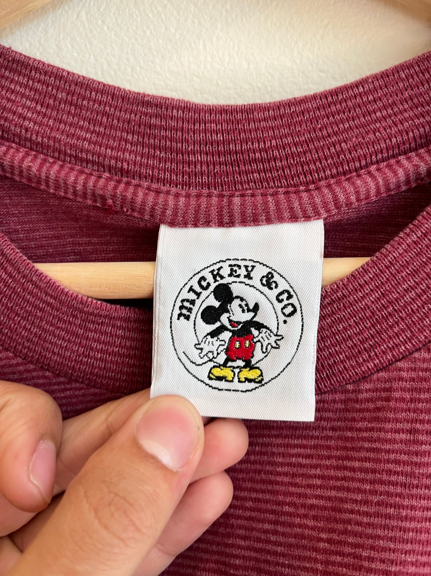 90s Mickey Mouse Disney Maroon Striped Tee (L)