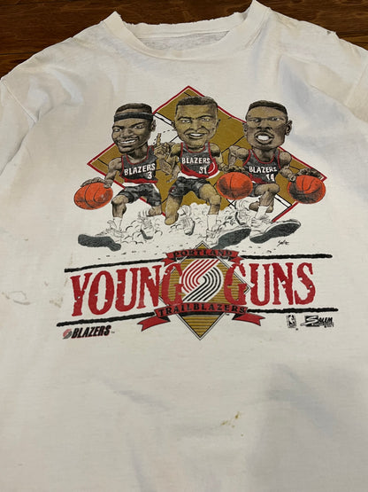 90s Vintage Portland Trail Blazers Caricature Young Guns Thrashed Tee (L)