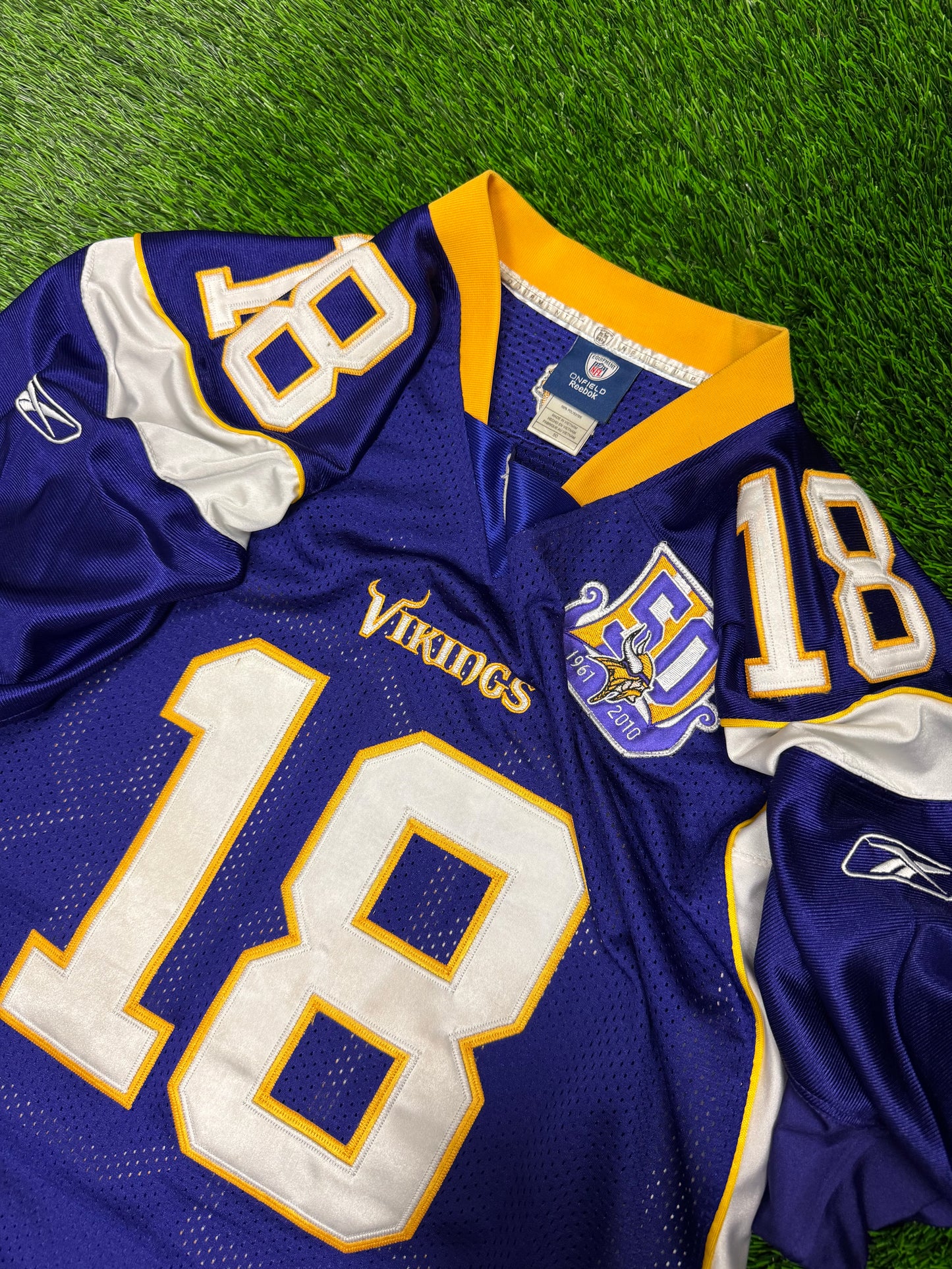 2010 Vikings Sidney Rice 50 Year Patch Stitched #18 Reebok Jersey (L)