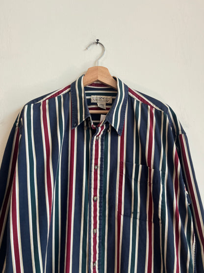 90s Natural Issue Striped Long-Sleeve Polo Dress Shirt (L)