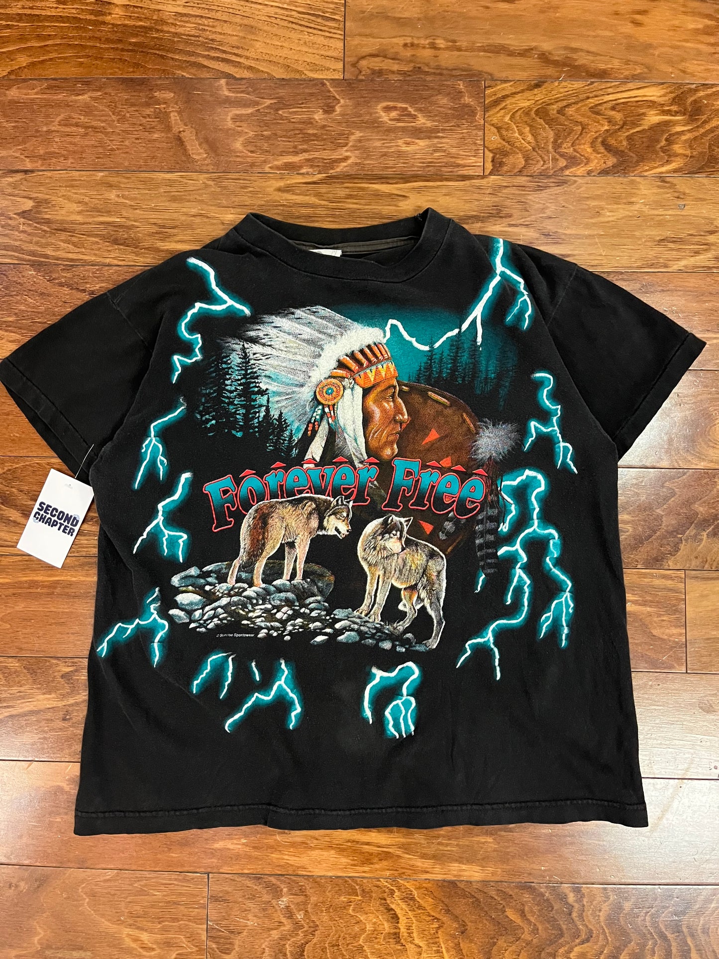 90s American Thunder "Forever Free" Vintage Teal Lightning Tee (L)
