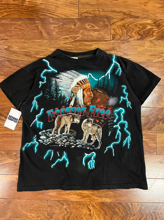 90s American Thunder "Forever Free" Vintage Teal Lightning Tee (L)