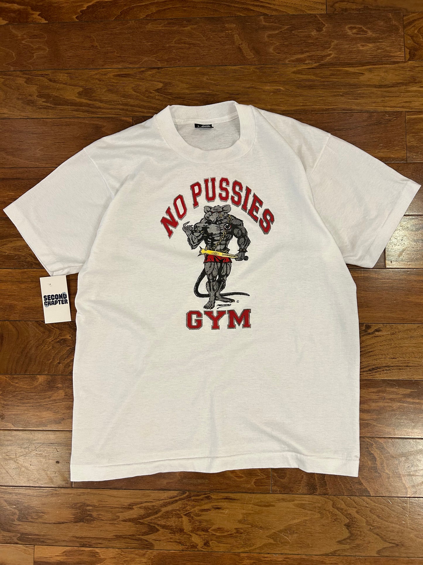 90s No Pussies Gym White Tee (L)