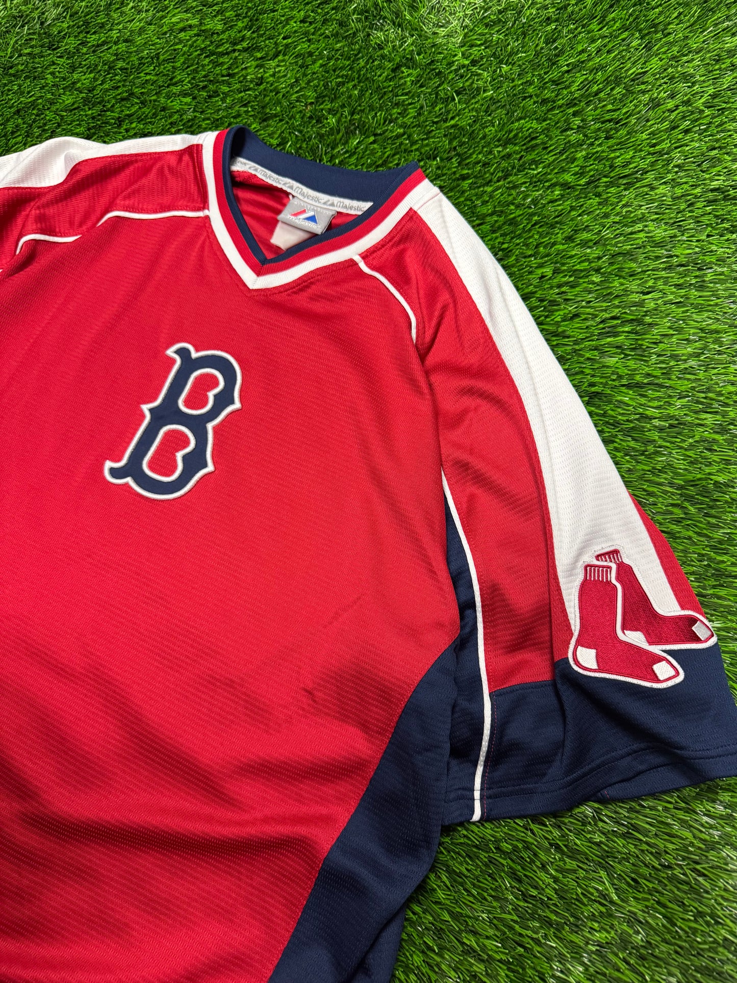 00s Boston Red Sox Red Majestics Warm Up MLB Baseball Jersey (XL)