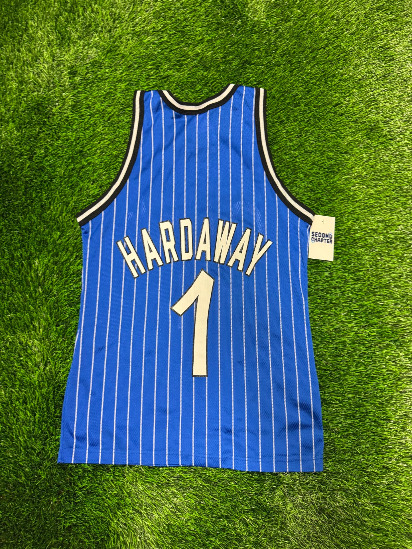 90s Orlando Magic Penny Hardaway #1 Champion Vintage Blue Pinstripe NBA Jersey (S)