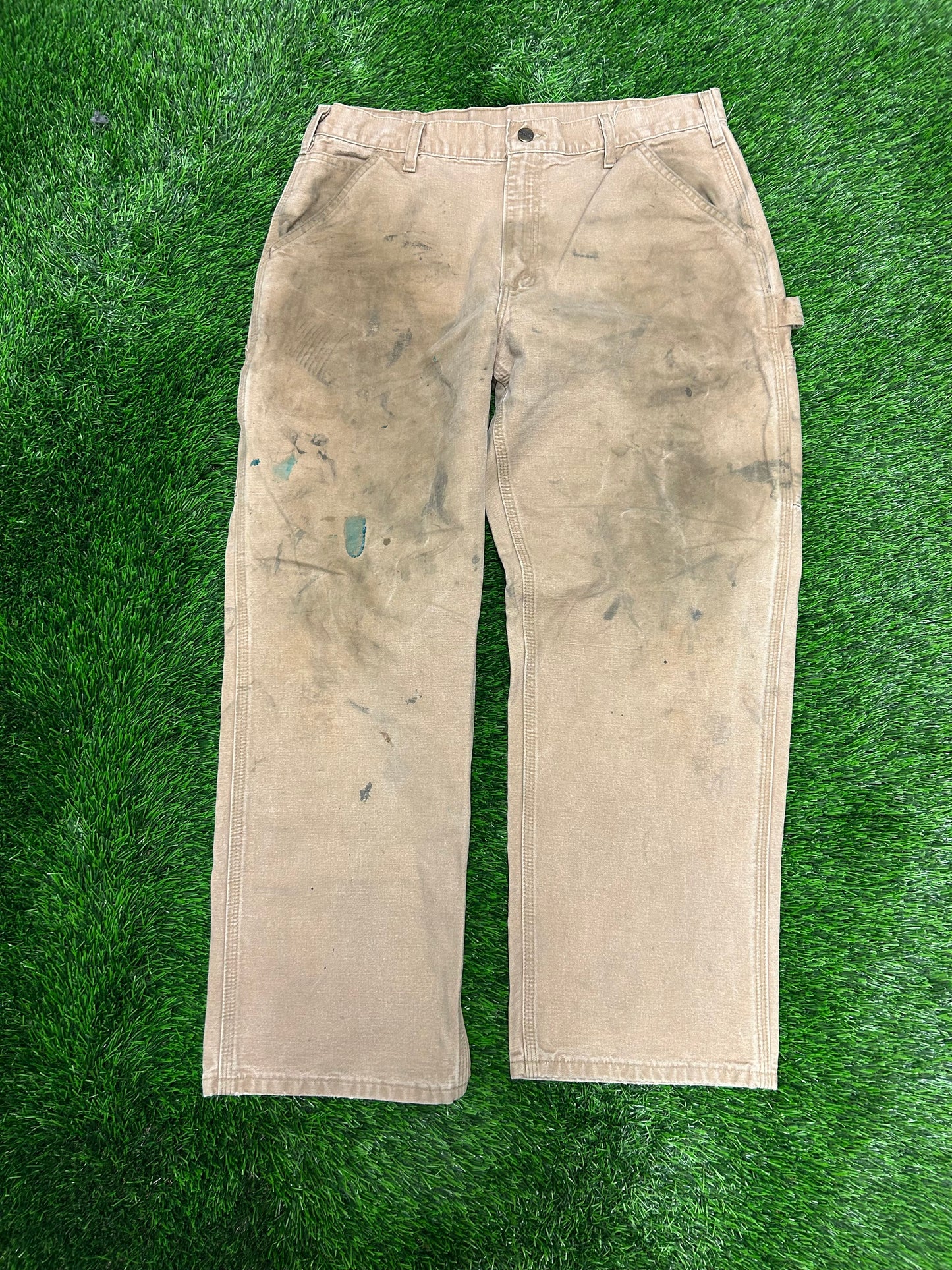 2007 Vintage Carhartt Thrashed Tan Workwear Carpenter Pants (35 x 30)