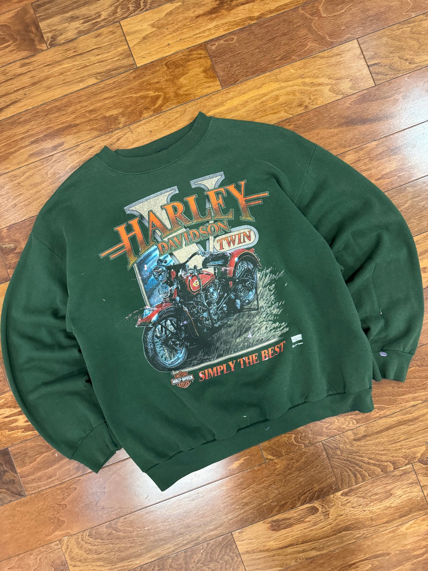 90s Harley Davidson Twin Faded Green Paint Splatter Crewneck (L)