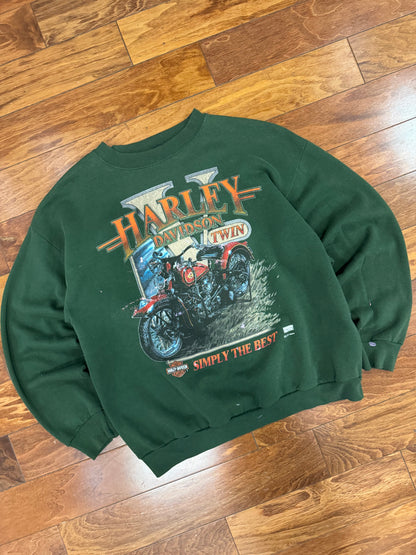 90s Harley Davidson Twin Faded Green Paint Splatter Crewneck (L)