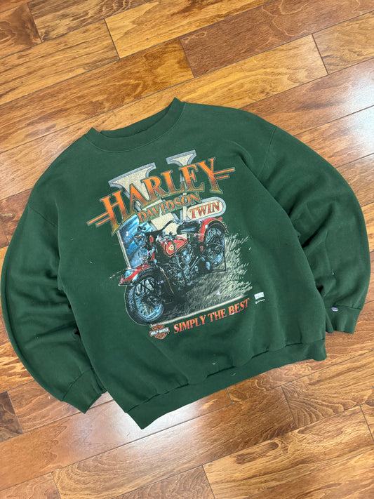 90s Harley Davidson Twin Faded Green Paint Splatter Crewneck (L)