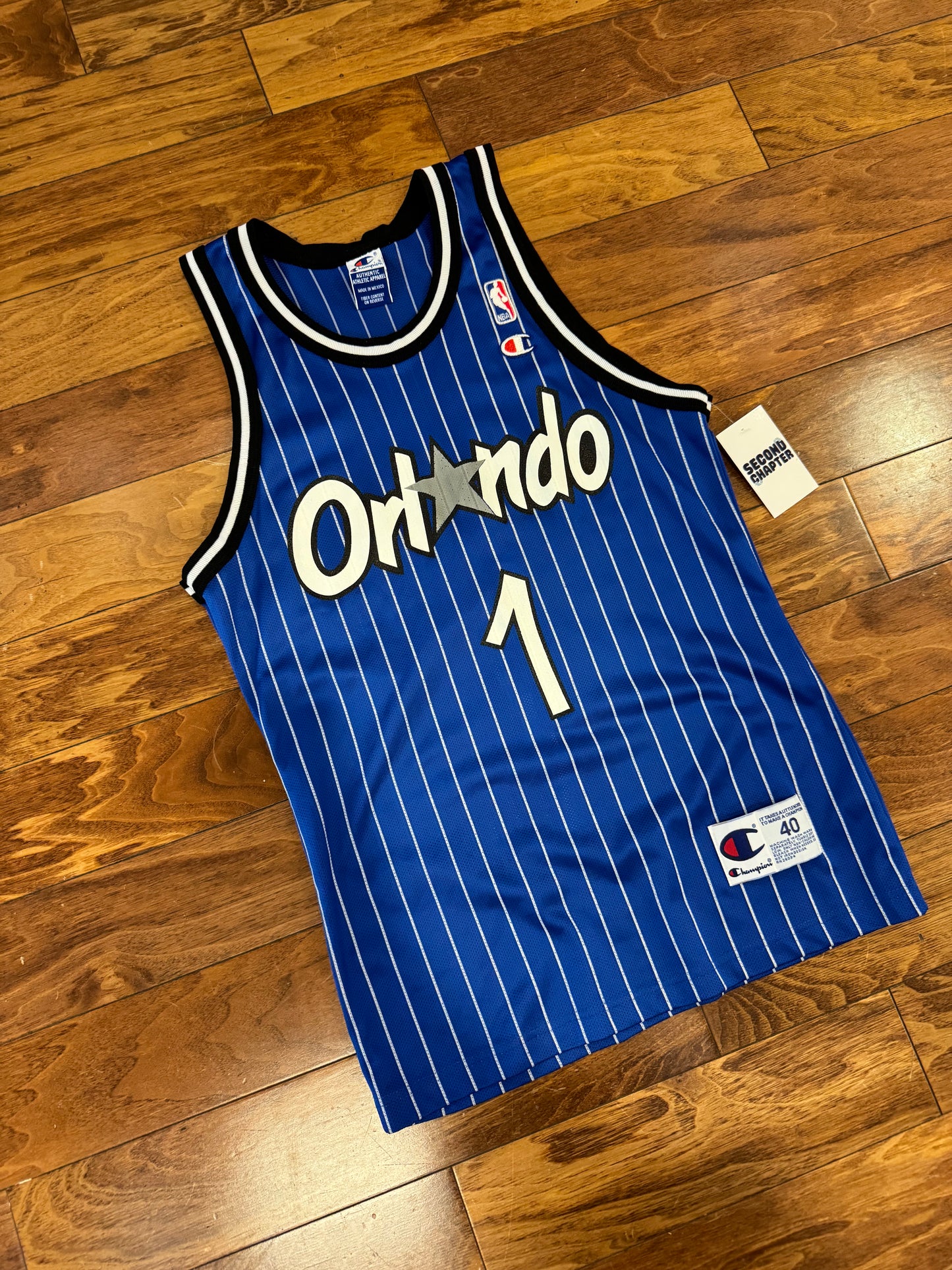 90s Orlando Magic Penny Hardaway #1 Champion Vintage Blue Pinstripe NBA Jersey (S)