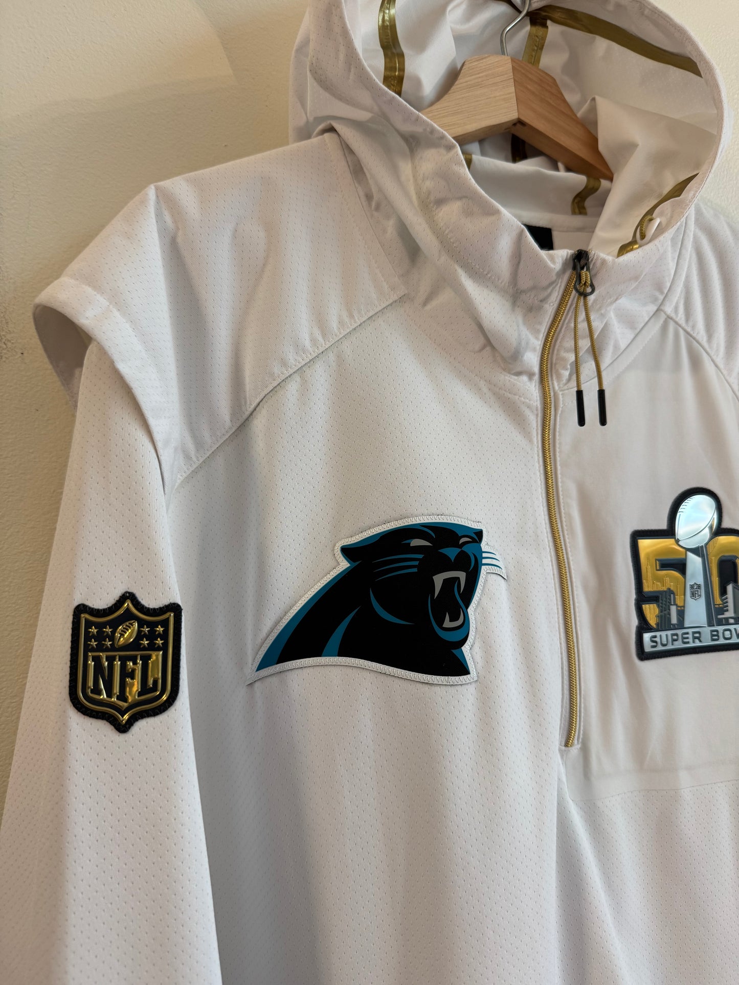 2016 Carolina Panthers Super Bowl 50 White Quarter Zip Warm Up Jacket (XXL)