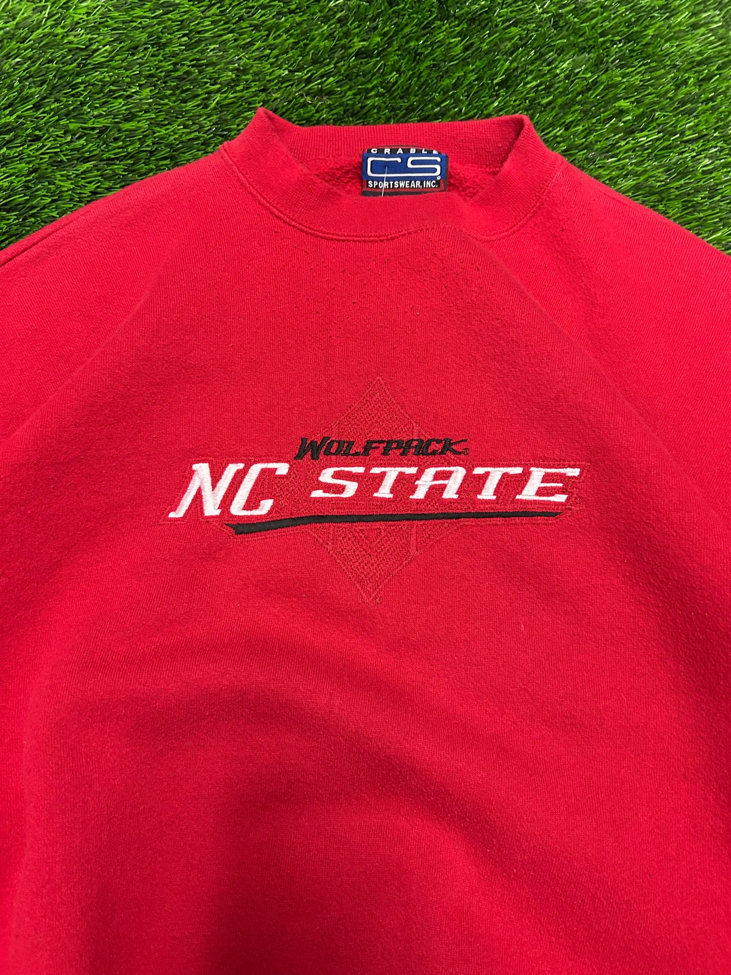 90s NC State University (NCSU) Embroidered Red Fleece Crewneck (XL)
