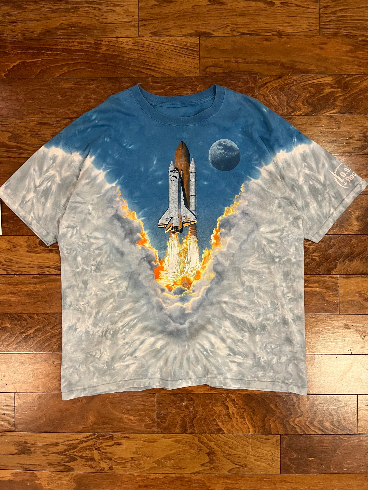 90s Boeing AOP Rocket Endeavor Space Shuttle Vintage Liquid Blue Tie Dye Tee (XXL)