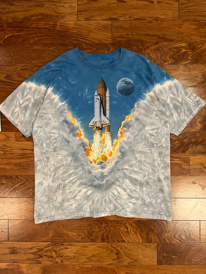90s Boeing AOP Rocket Endeavor Space Shuttle Vintage Liquid Blue Tie Dye Tee (XXL)