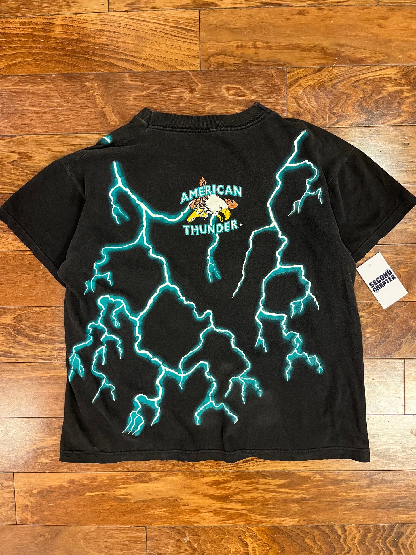 90s American Thunder "Forever Free" Vintage Teal Lightning Tee (L)