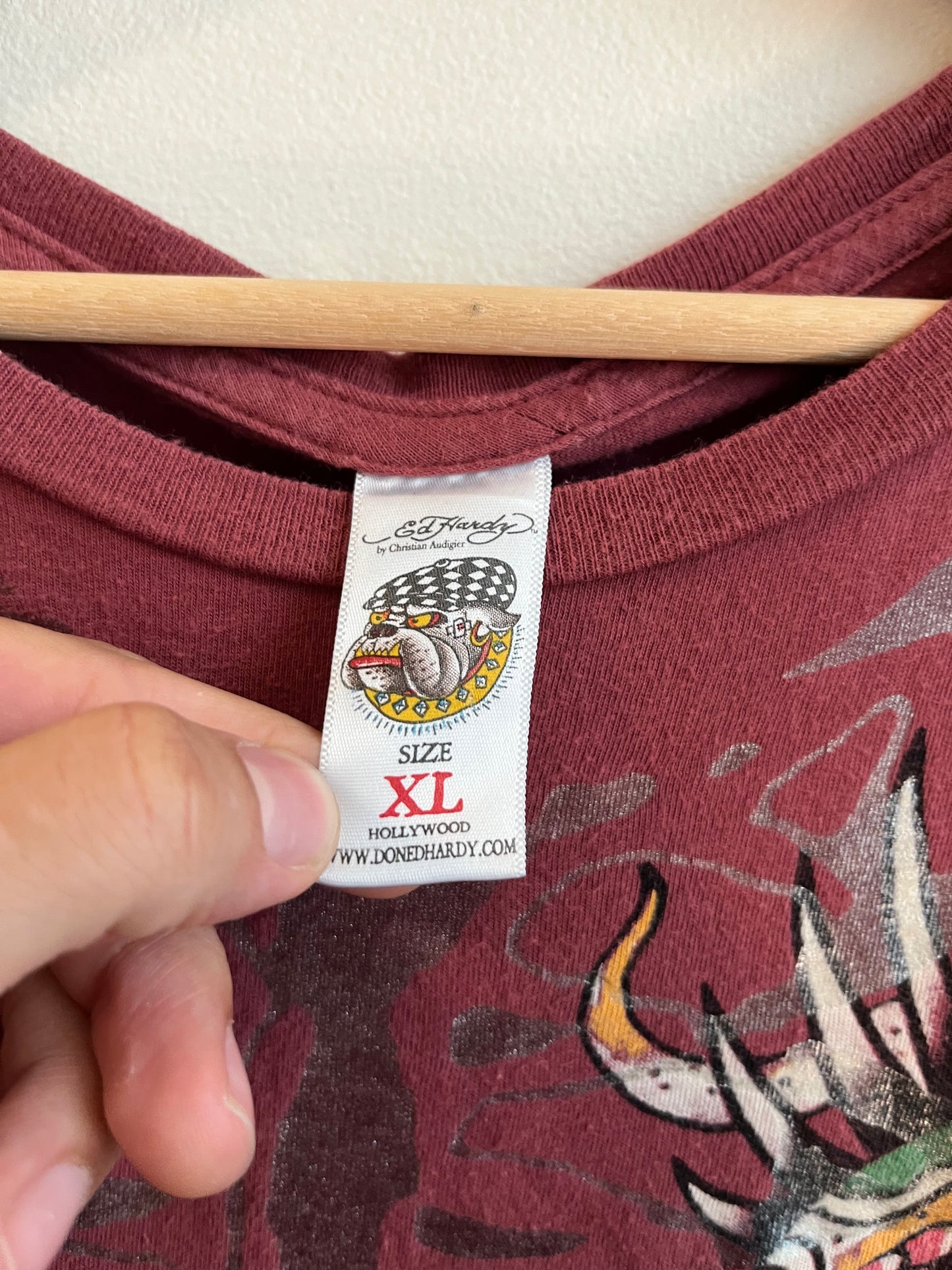 00s Ed Hardy Christian Audigier Skeleton Burgundy Tee (XL)