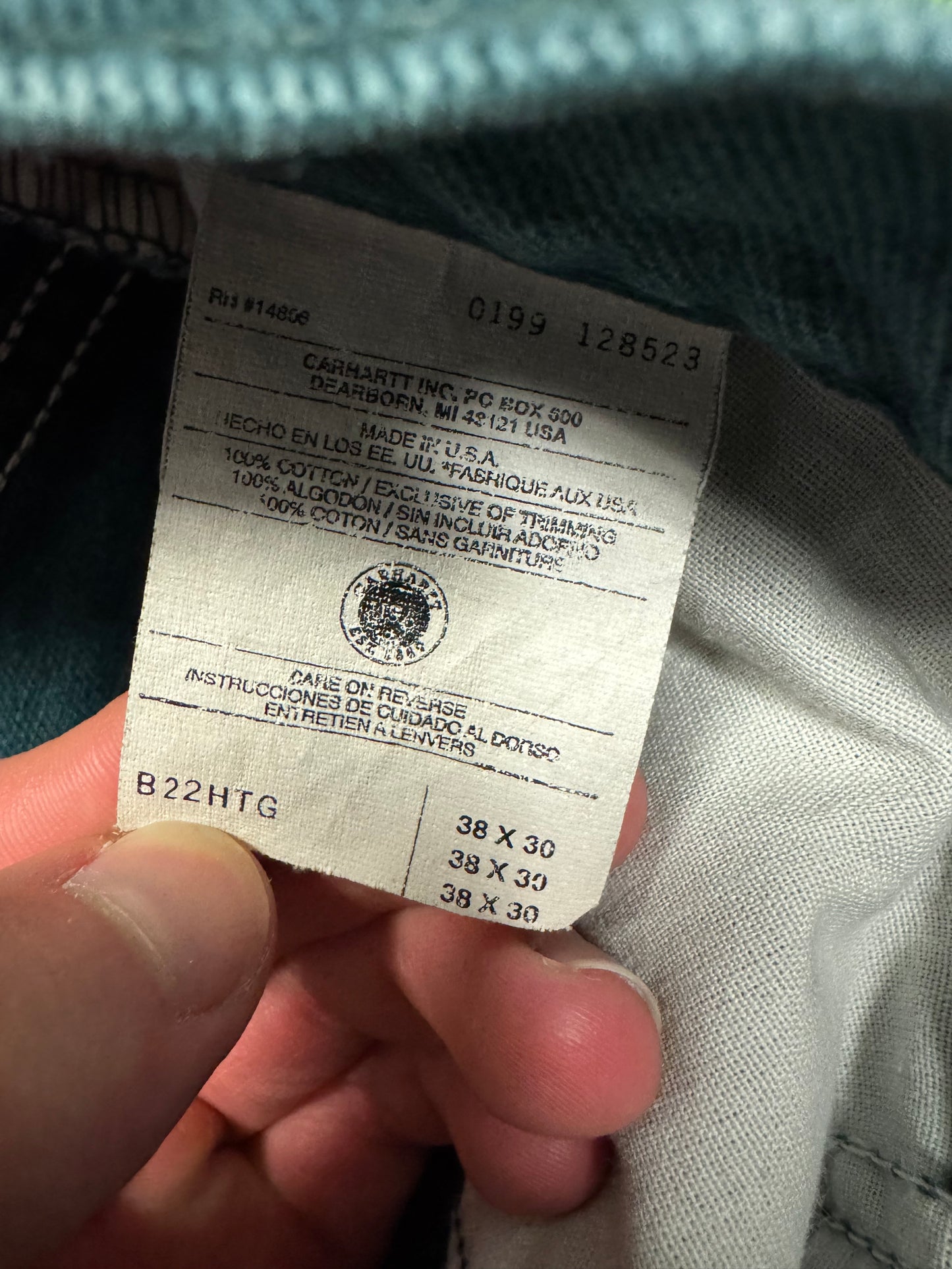 1999 Rare Carhartt B22HTG "Teal/Hunter Green" Denim Pants (38 x 30)