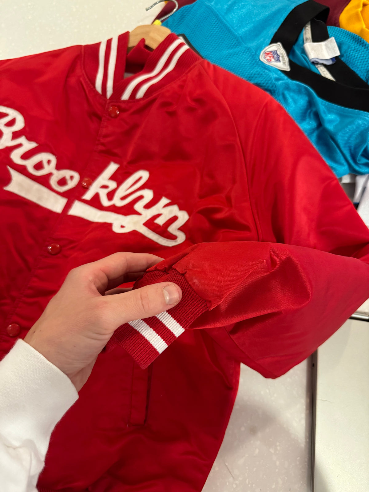 90s Brooklyn Script Red Vintage Satin Jacket (S)
