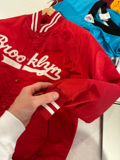 90s Brooklyn Script Red Vintage Satin Jacket (S)