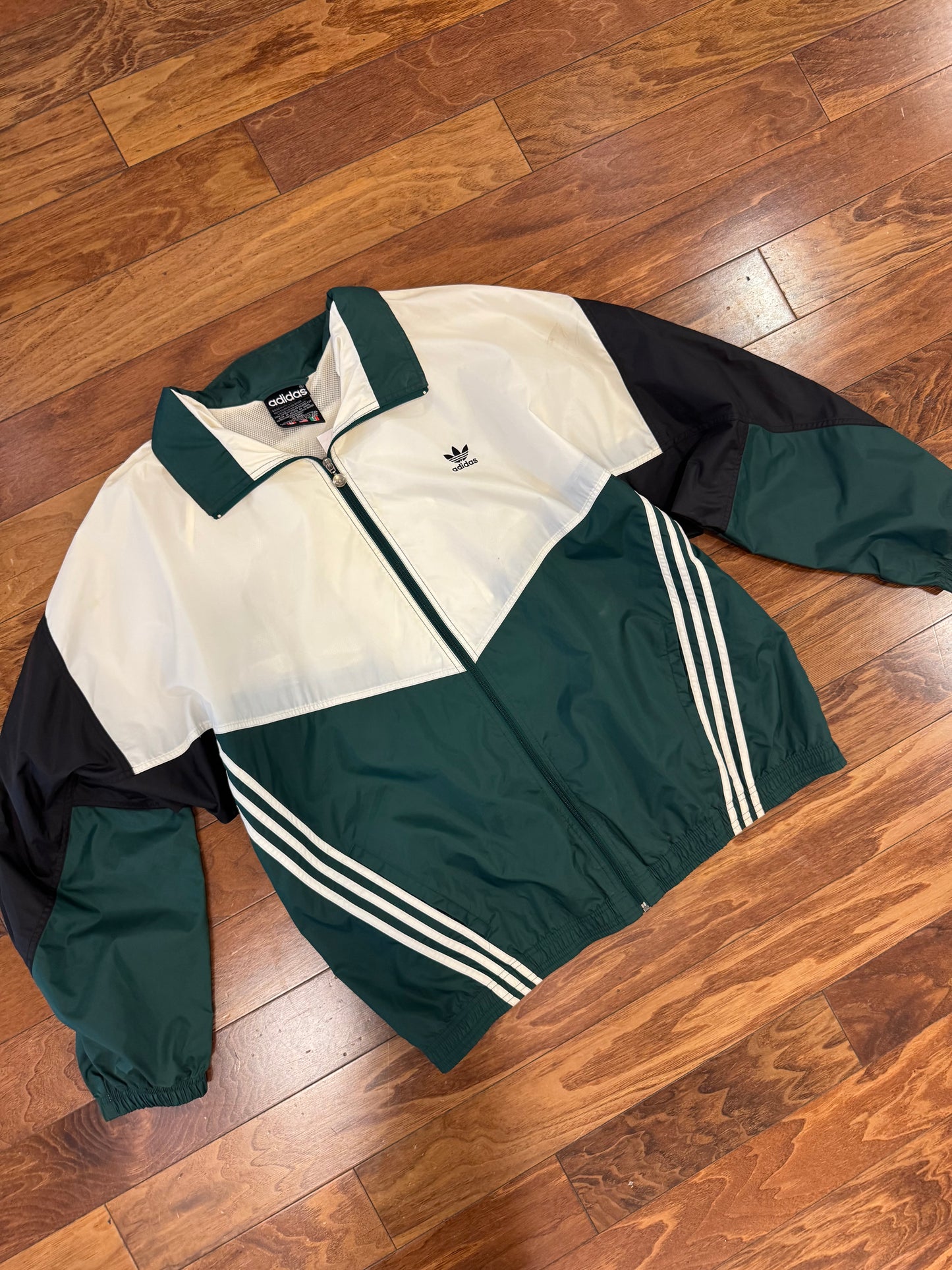 90s Adidas Green/Black Striped Windbreaker (XXL)