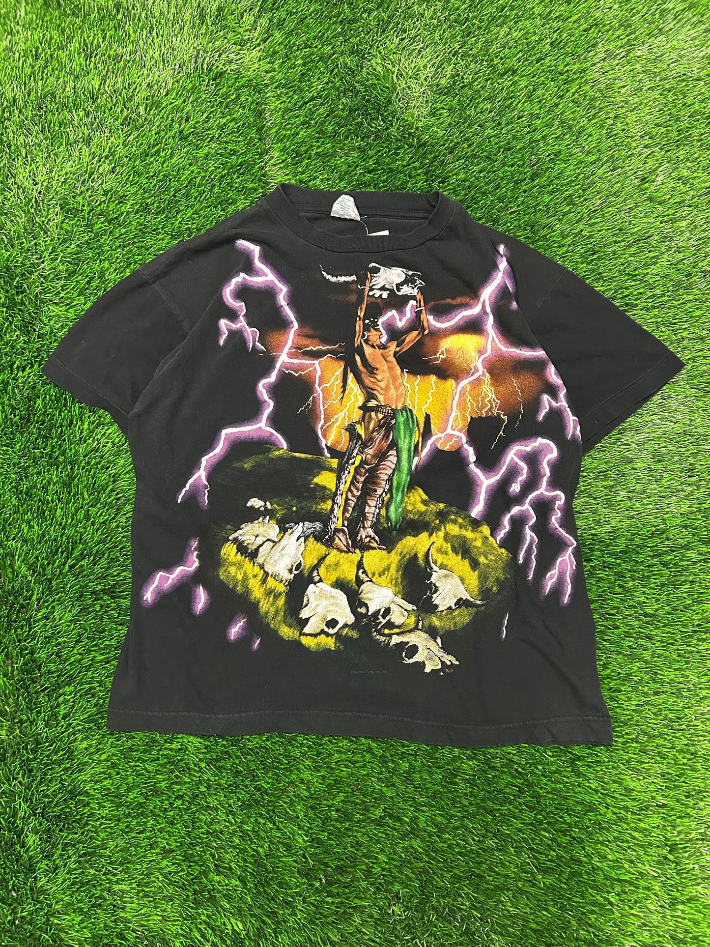90s American Thunder Purple Lightning AOP Native Chief Forever Free Tee (L)