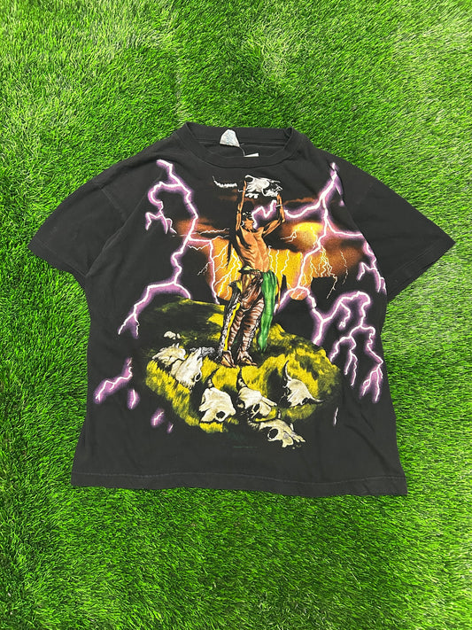 90s American Thunder Purple Lightning AOP Native Chief Forever Free Tee (L)