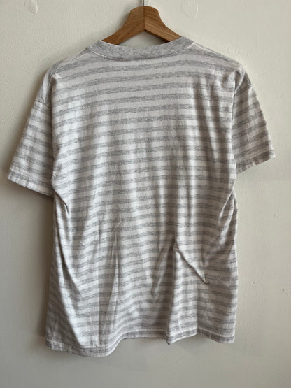 1991 Oakland Raiders Striped Helmet Grey and White Tee (L)