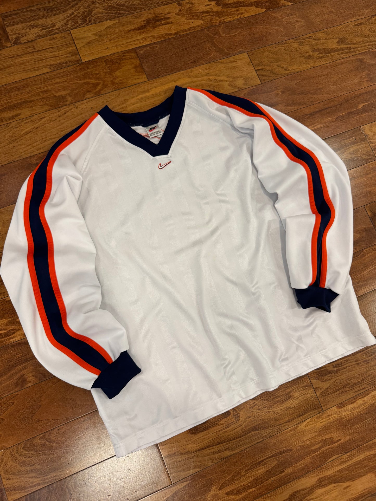 90s Nike Vintage Center Swoosh White Striped Long Sleeve Pullover Jersey (XXL)