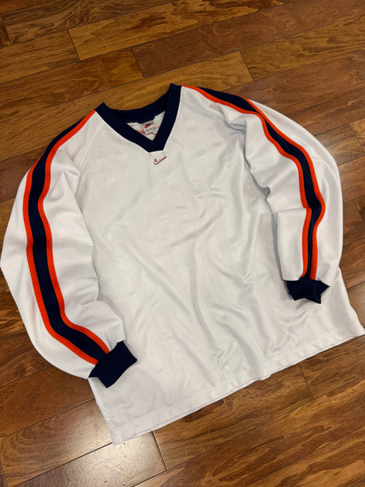90s Nike Vintage Center Swoosh White Striped Long Sleeve Pullover Jersey (XXL)