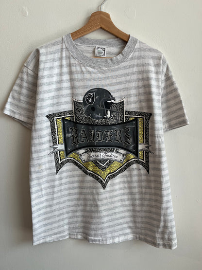 1991 Oakland Raiders Striped Helmet Grey and White Tee (L)