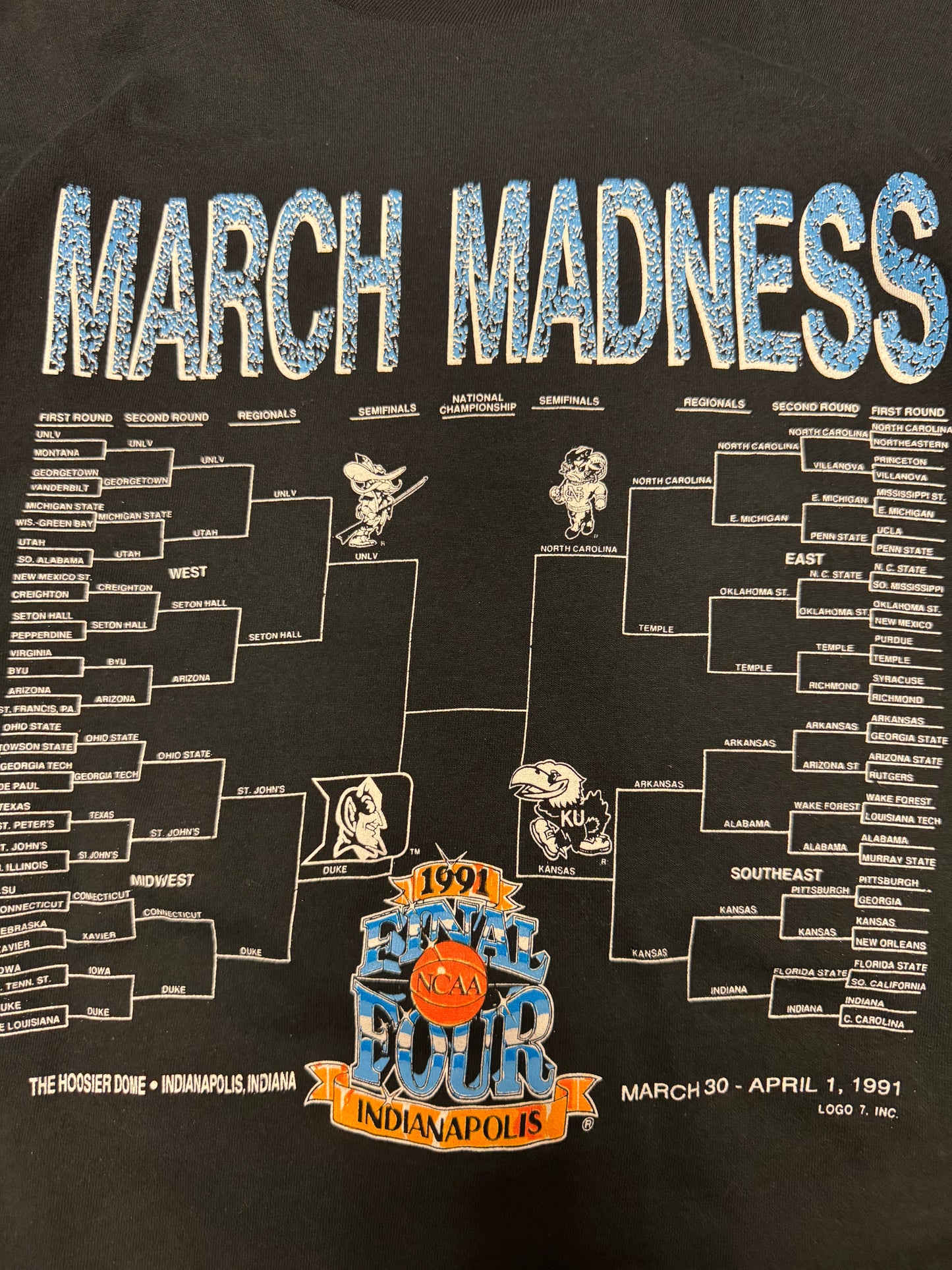 1991 NCAA March Madness Vintage Final Four (Duke, UNLV, Kansas, UNC) Indianapolis Tee (L)