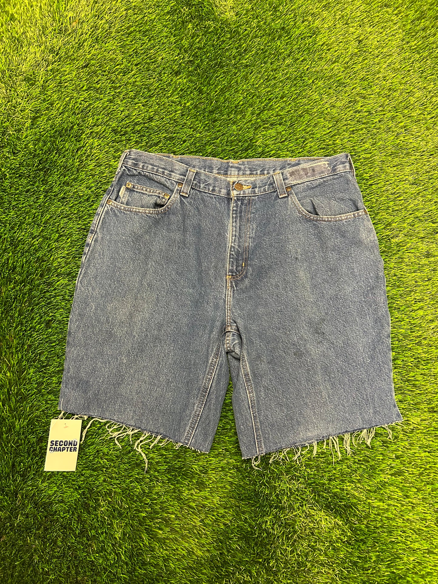 Carhartt Dark Wash Frayed Cut Off Jean Shorts (36)